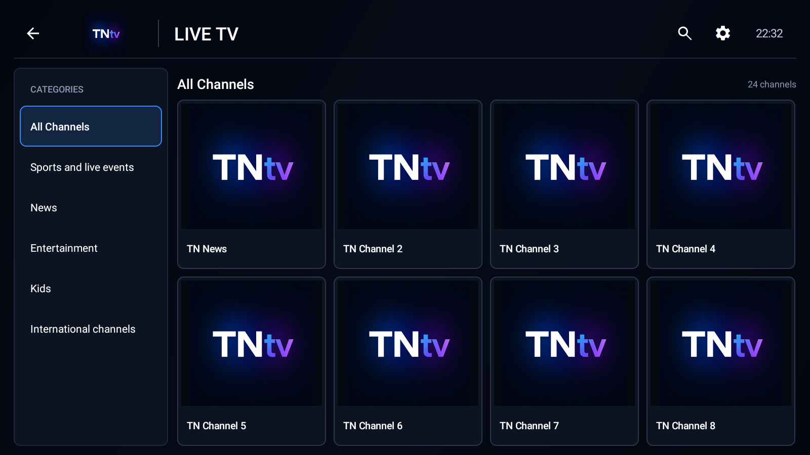 TNtv Live TV browser with category navigation