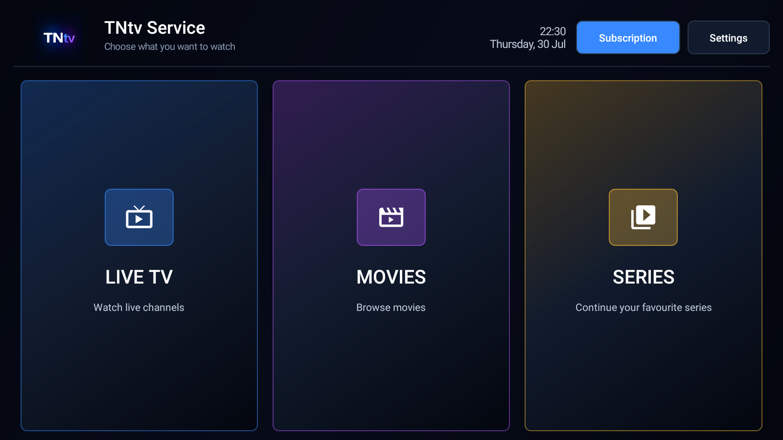 TNtv home screen showing Live TV, Movies, and Series